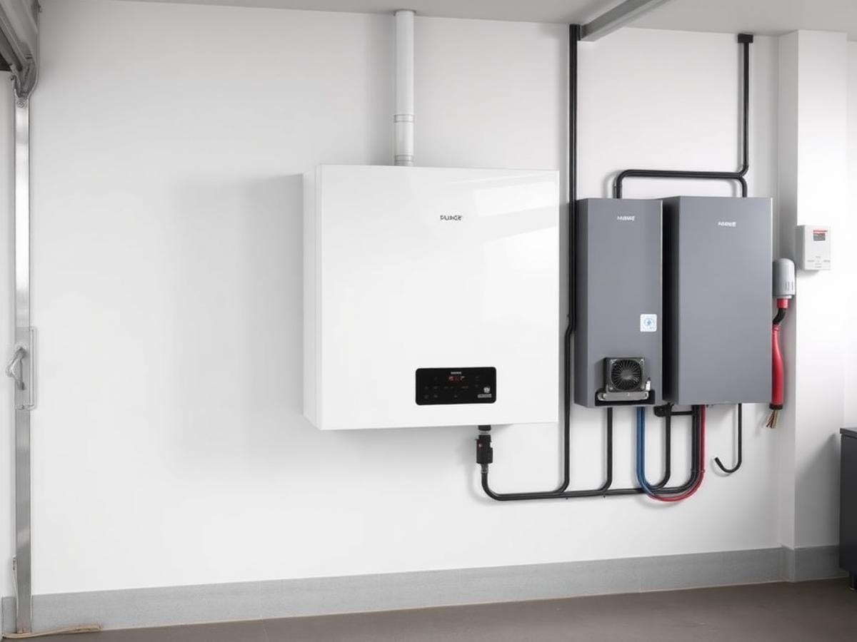 Home battery storage unit installed on a garage wall beside an electrical subpanel