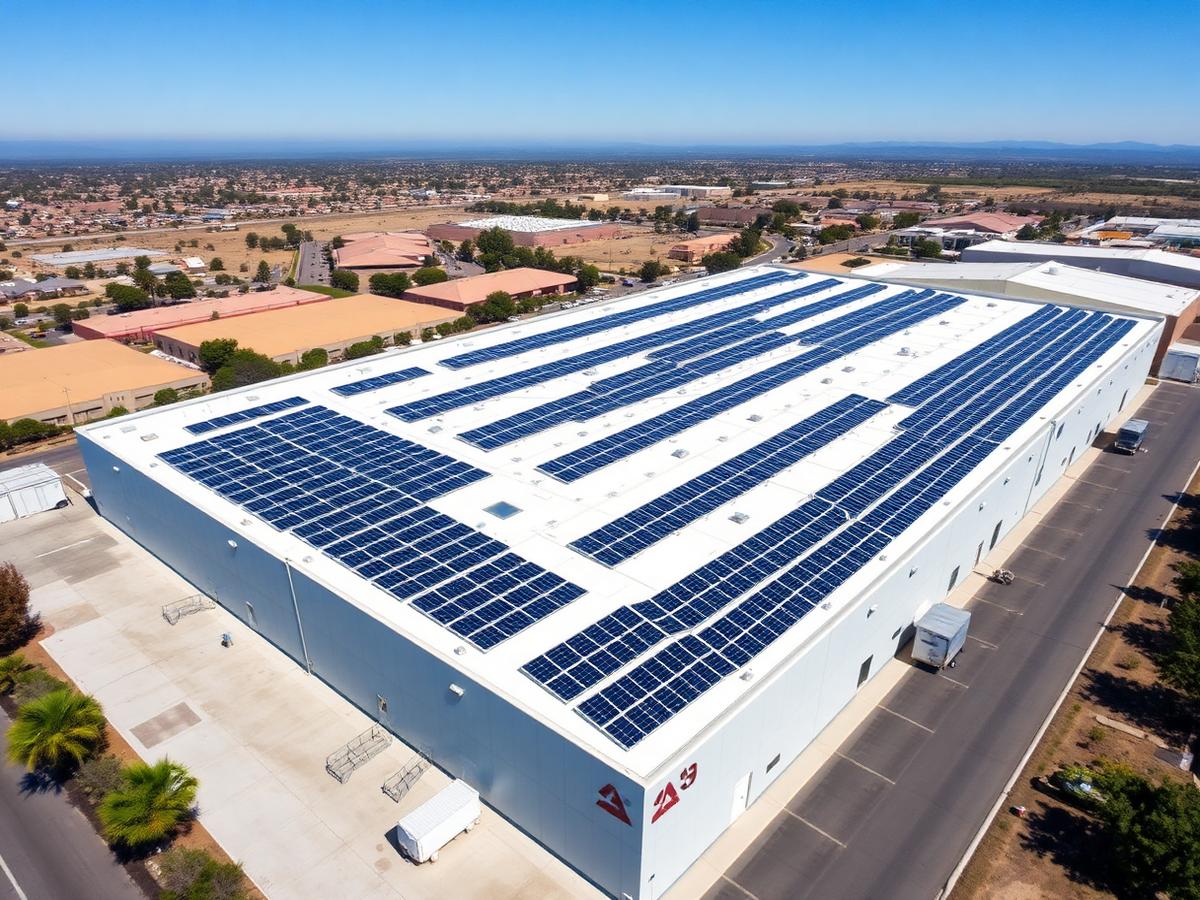 Aerial view of a Northern California commercial building with a rooftop solar array