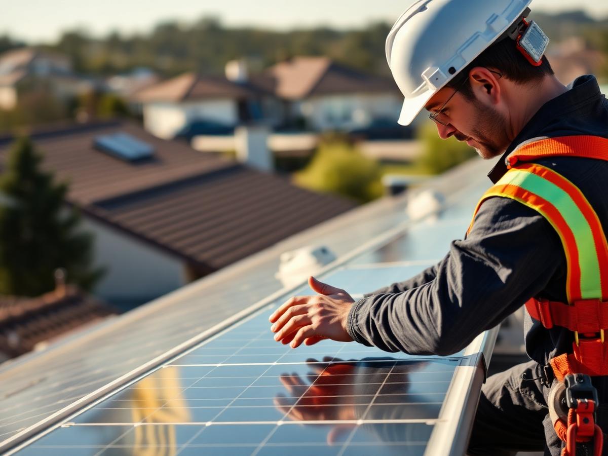 Solar installer working on a residential rooftop array
