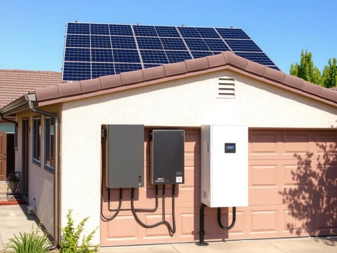 Solar panels and a wall-mounted home battery system on a Modesto, CA home