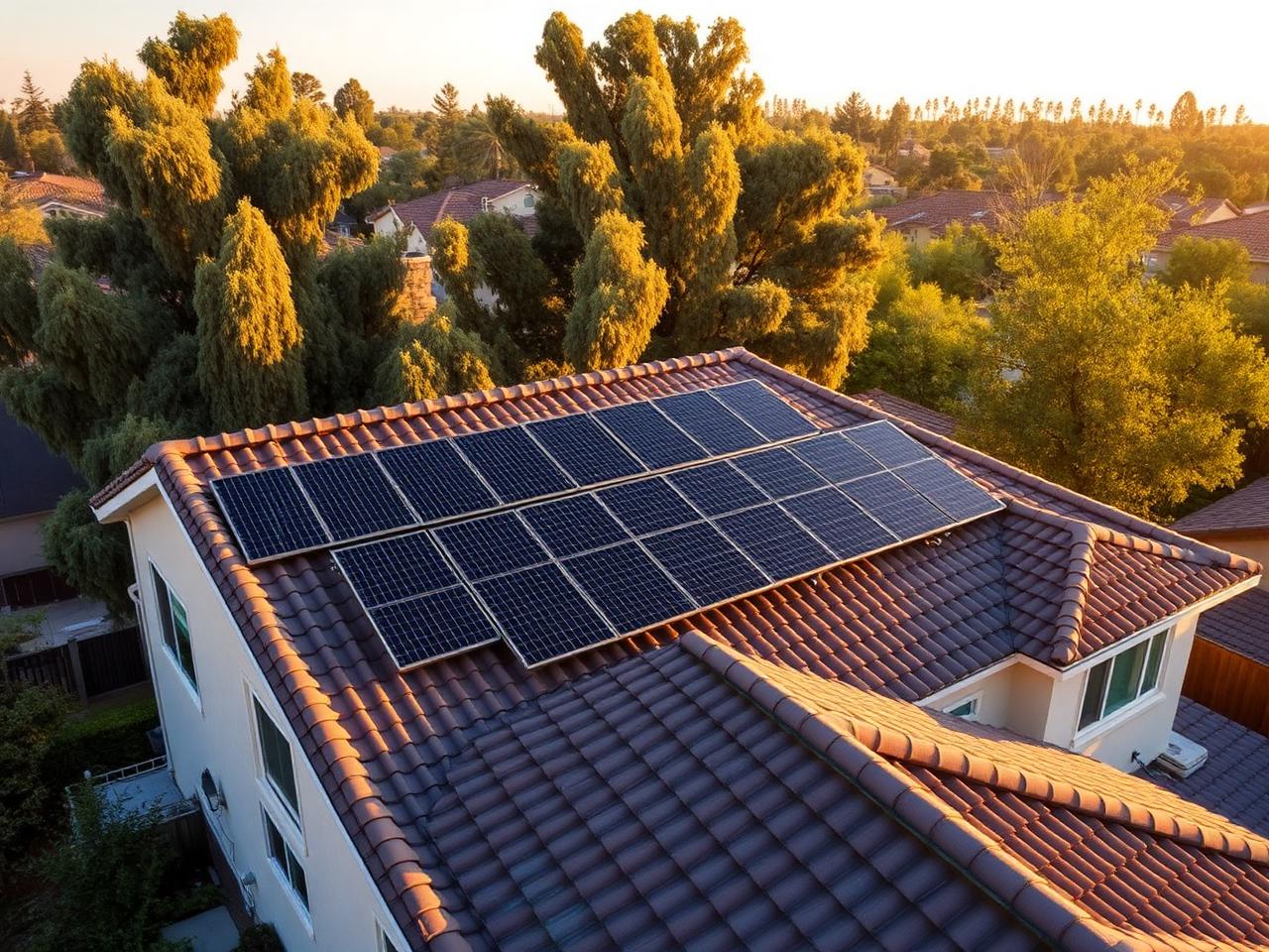 Solar panels on a tile roof in a tree-lined Sacramento, CA neighborhood
