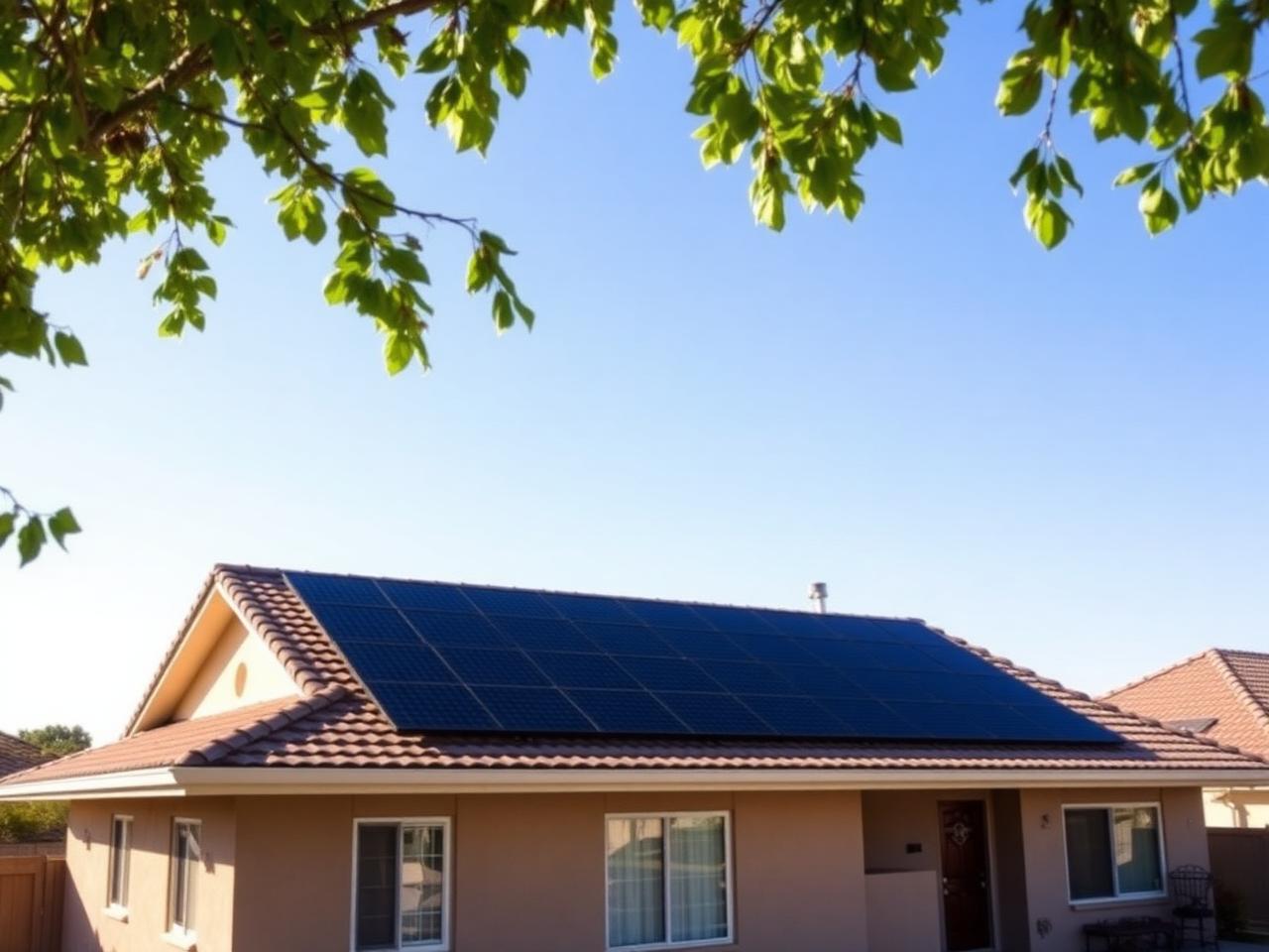 Rooftop solar panel installation on a single-story stucco home in Stockton, CA